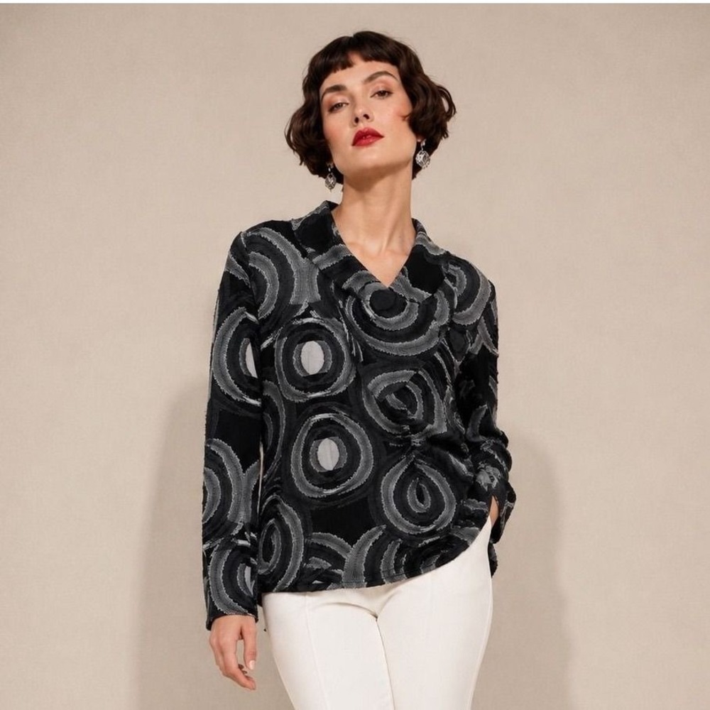 Feratelli Black Grey Abstract Swirl Deep Draped Cowl Neck Burnout Top Large